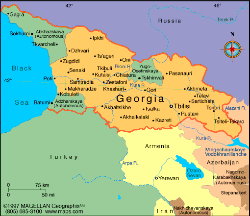 Political map of Georgia showing investment regions — Tbilisi, Batumi, Kutaisi, Kakheti, Gudauri